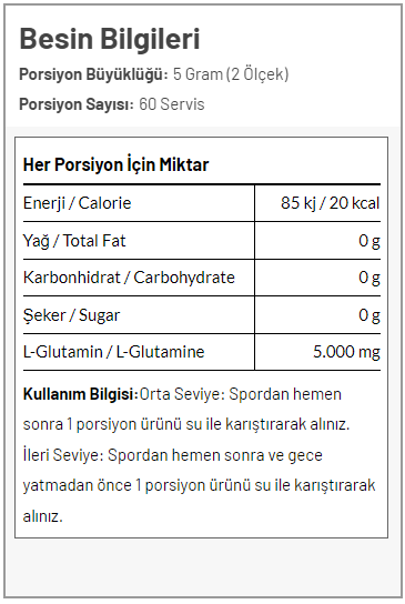 Torq %100 L-Glutamine Powder 300 Gr Besin Değeri