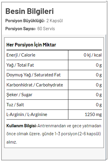 Torq Nutrition Argitorq L-Arginine Complex 120 Kapsül Besin Değeri