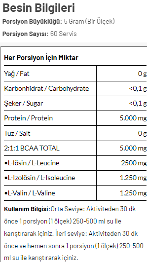 Torq Nutrition BCAA 2:1:1 Aromasız 300 Gr Besin Değeri