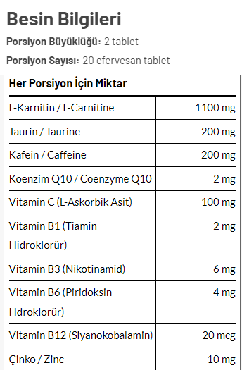 Torq Nutrition Thermogenic L-Carnitine 20 Efervesan Tablet Besin Değeri