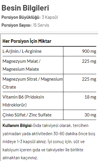 Torq Nutrition Gold ZMA + L-ARGININE COMPLEX 45 Kapsül Besin Değeri
