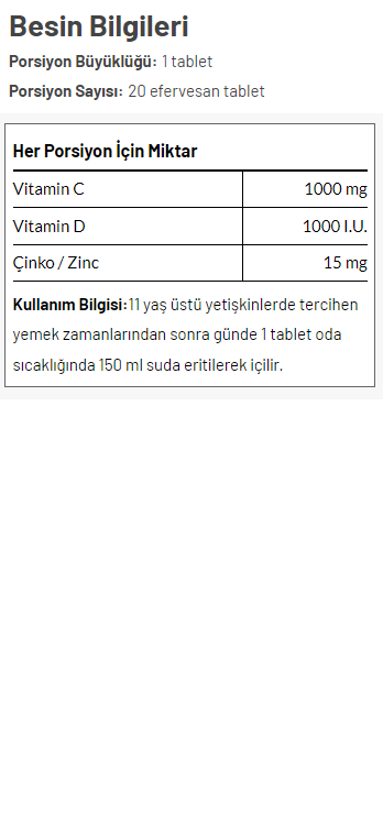 VitAgil C-omplex 20 Efervesan Besin Değeri