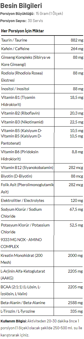 Torq Nutrition Boost Pre-Workout 450 Gr Besin Değeri