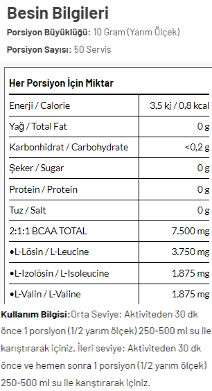 Torq Nutrition BCAA 2:1:1 500 Gr Besin Değeri