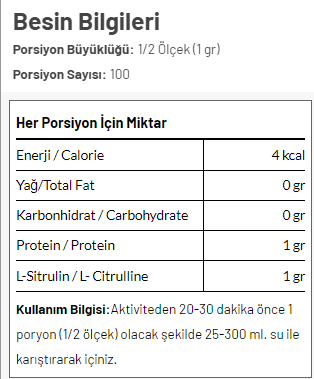 Torq Nutrition Citrulline %100 L-Citrulline Aromasız 100 Gr Besin Değeri