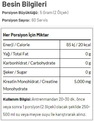 Torq Nutrition Creatorq %100 Micronized Creatine Monohydrate 300 Gr Besin Değeri
