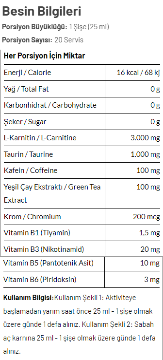 Torq Nutrition Thermogenic L-Carnitine Shot 3000 MG 20 Adet Besin Değeri