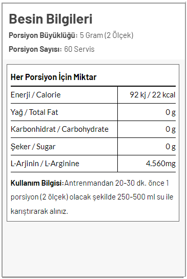 Torq Nutrition ARGITORQ L-Arginine Powder 300 Gr Besin Değeri