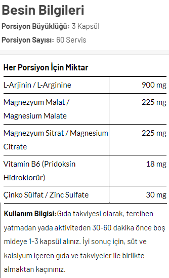 Torq Nutrition Gold ZMA + L-ARGININE COMPLEX 180 Kapsül Besin Değeri