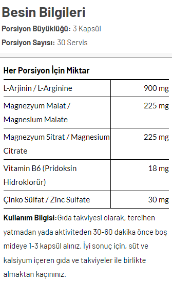 Torq Nutrition Gold ZMA + L-ARGININE COMPLEX 90 Kapsül Besin Değeri