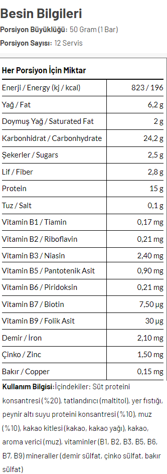 Torq Nutrition Protein Bar 50 Gr 12 Adet Besin Değeri