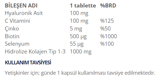 Flava Collagen +Hyaluronic Acid 30 Tablet Besin Değeri