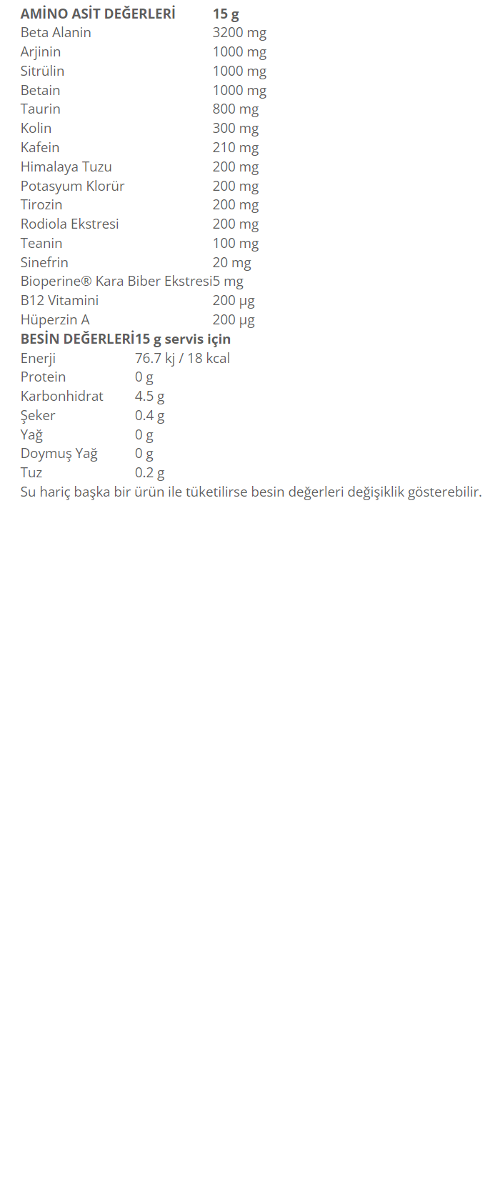 Protein Ocean Pre-Workout 300 Gr Besin Değeri