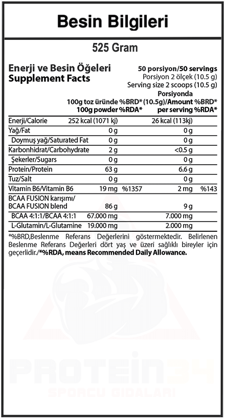 Hardline BCAA Fusion 525 Gr Besin Değeri
